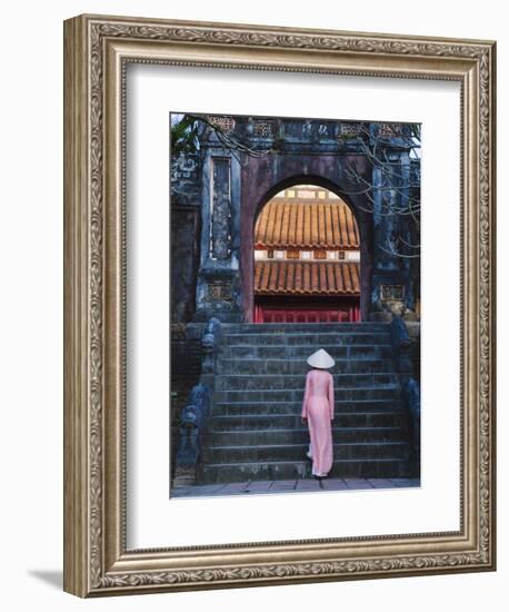 Girl in Ao Dai (Traditional Vietnamese Long Dress) and Conical Hat at Minh Mang Tomb, Vietnam-Keren Su-Framed Photographic Print