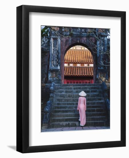 Girl in Ao Dai (Traditional Vietnamese Long Dress) and Conical Hat at Minh Mang Tomb, Vietnam-Keren Su-Framed Photographic Print