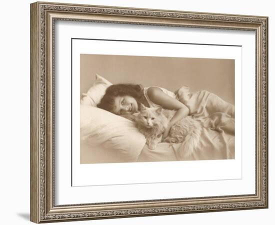 Girl in Bed with Cat-null-Framed Art Print