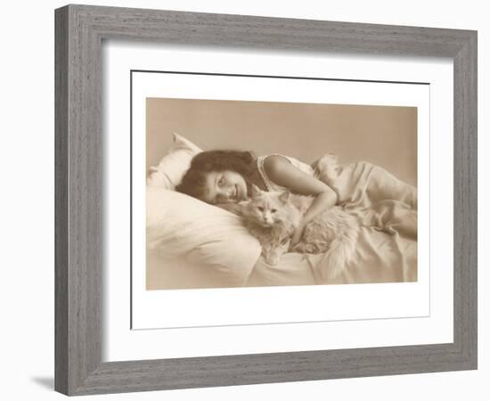Girl in Bed with Cat-null-Framed Art Print