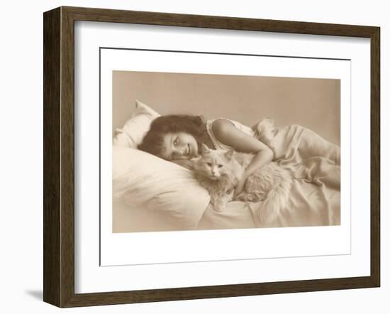 Girl in Bed with Cat-null-Framed Art Print