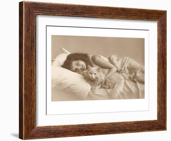 Girl in Bed with Cat-null-Framed Art Print