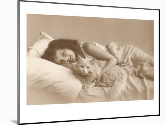 Girl in Bed with Cat-null-Mounted Art Print