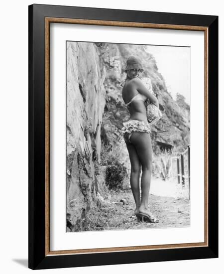 Girl in Bikini Walks Along a Cliff Path on a Fine Summer Day-null-Framed Photographic Print