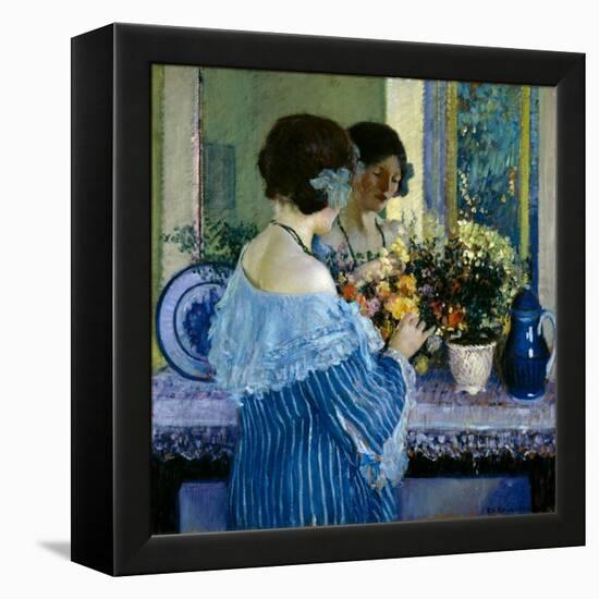 Girl in Blue Arranging Flowers (Oil on Canvas)-Frederick Carl Frieseke-Framed Premier Image Canvas