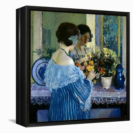 Girl in Blue Arranging Flowers (Oil on Canvas)-Frederick Carl Frieseke-Framed Premier Image Canvas