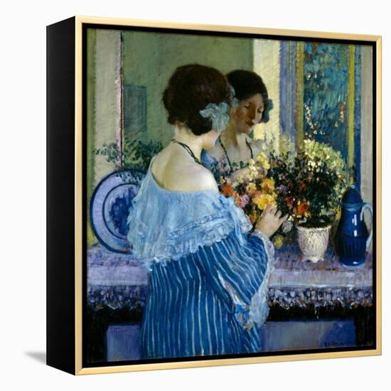 Girl in Blue Arranging Flowers (Oil on Canvas)-Frederick Carl Frieseke-Framed Premier Image Canvas