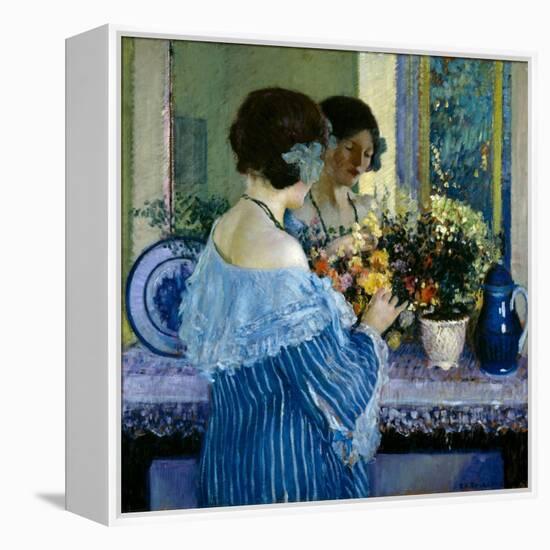 Girl in Blue Arranging Flowers (Oil on Canvas)-Frederick Carl Frieseke-Framed Premier Image Canvas