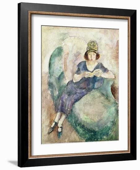 Girl in Blue Reading on a Sofa, 1926-27 (Oil on Panel)-Jules Pascin-Framed Giclee Print