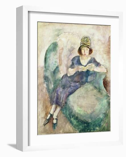 Girl in Blue Reading on a Sofa, 1926-27 (Oil on Panel)-Jules Pascin-Framed Giclee Print