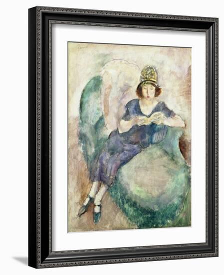 Girl in Blue Reading on a Sofa, 1926-27 (Oil on Panel)-Jules Pascin-Framed Giclee Print