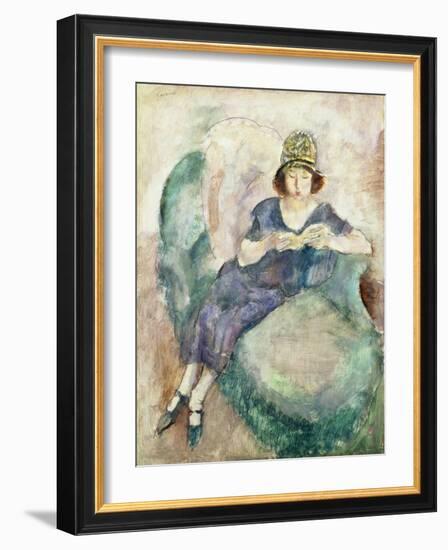 Girl in Blue Reading on a Sofa, 1926-27 (Oil on Panel)-Jules Pascin-Framed Giclee Print