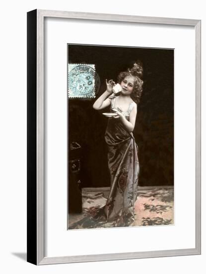 Girl in Dress-Up with Coffee Cup-null-Framed Art Print