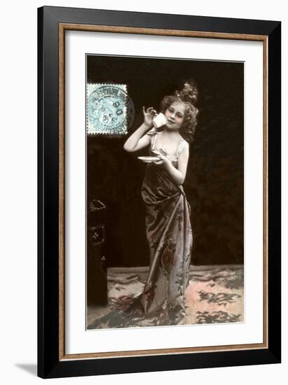 Girl in Dress-Up with Coffee Cup-null-Framed Art Print