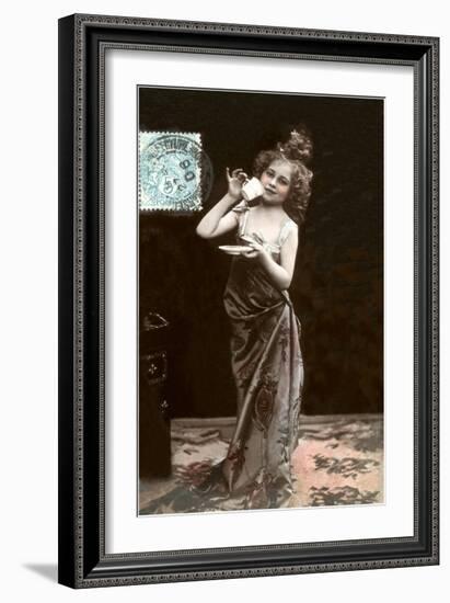 Girl in Dress-Up with Coffee Cup-null-Framed Art Print