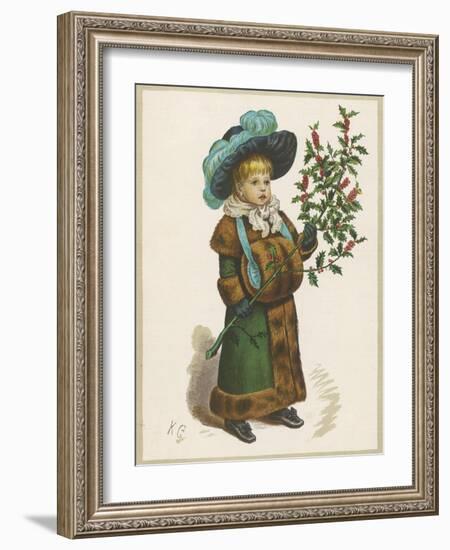 Girl in Fur-Trimmed Coat Fur Muff Gloves and Feathered Hat Carrying a Fair-Sized Branch of Holly-Kate Greenaway-Framed Art Print