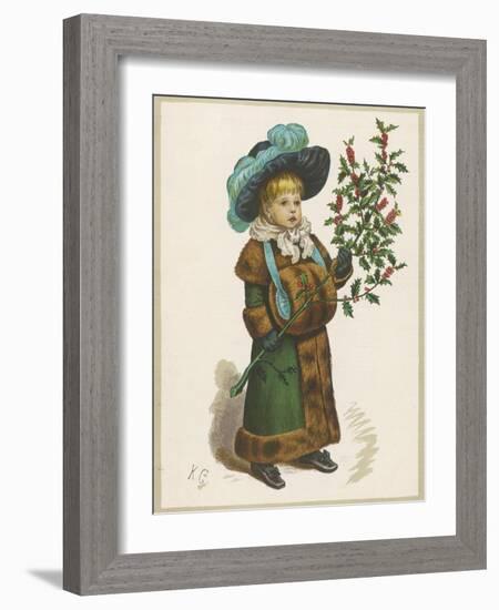 Girl in Fur-Trimmed Coat Fur Muff Gloves and Feathered Hat Carrying a Fair-Sized Branch of Holly-Kate Greenaway-Framed Art Print