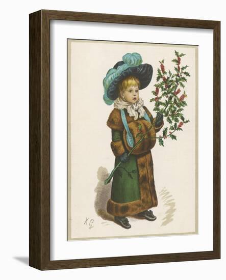 Girl in Fur-Trimmed Coat Fur Muff Gloves and Feathered Hat Carrying a Fair-Sized Branch of Holly-Kate Greenaway-Framed Art Print