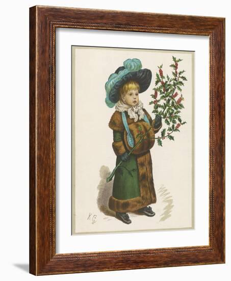 Girl in Fur-Trimmed Coat Fur Muff Gloves and Feathered Hat Carrying a Fair-Sized Branch of Holly-Kate Greenaway-Framed Art Print