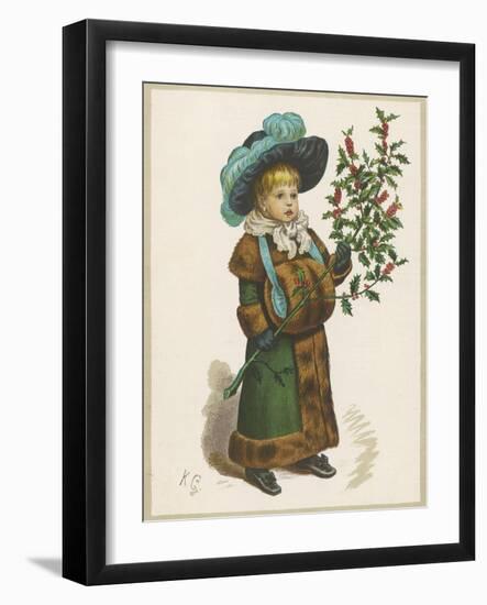 Girl in Fur-Trimmed Coat Fur Muff Gloves and Feathered Hat Carrying a Fair-Sized Branch of Holly-Kate Greenaway-Framed Art Print