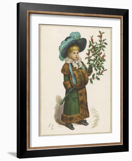 Girl in Fur-Trimmed Coat Fur Muff Gloves and Feathered Hat Carrying a Fair-Sized Branch of Holly-Kate Greenaway-Framed Art Print