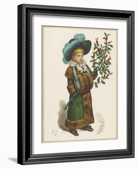 Girl in Fur-Trimmed Coat Fur Muff Gloves and Feathered Hat Carrying a Fair-Sized Branch of Holly-Kate Greenaway-Framed Art Print