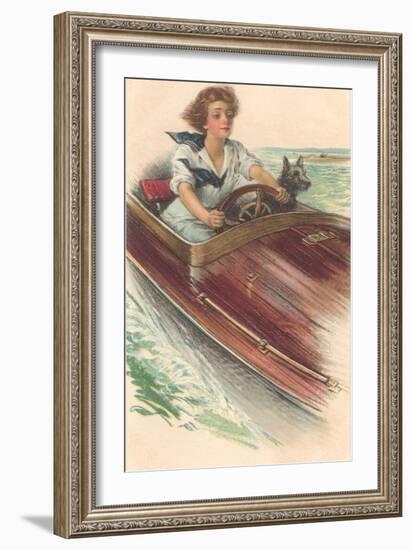 Girl in Motorboat with Terrier-null-Framed Art Print