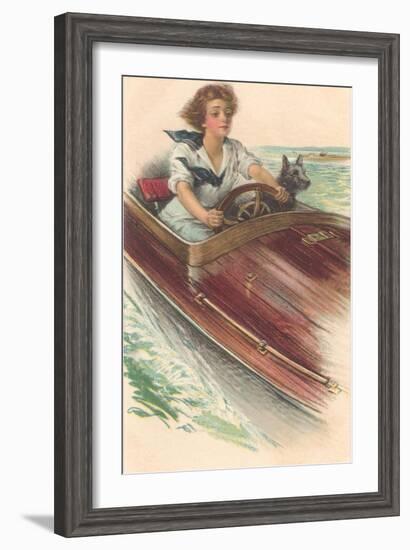 Girl in Motorboat with Terrier-null-Framed Art Print