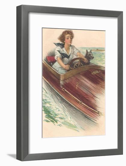 Girl in Motorboat with Terrier-null-Framed Art Print