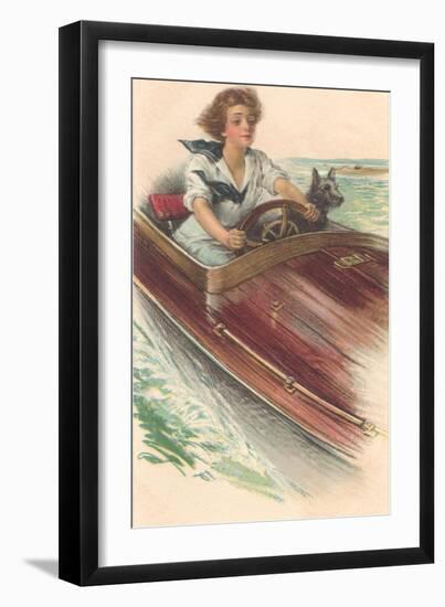 Girl in Motorboat with Terrier-null-Framed Art Print