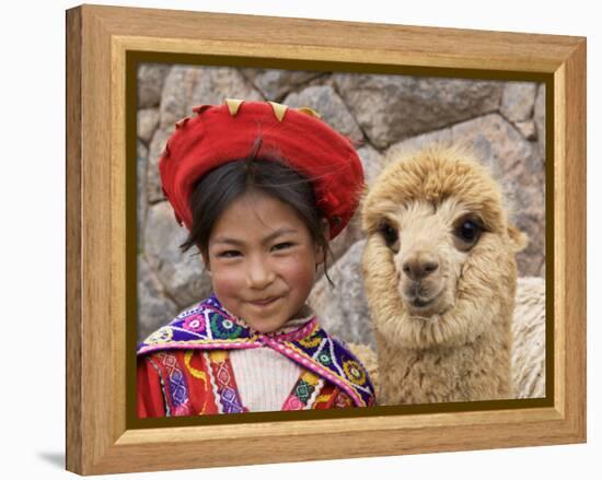 Girl in Native Dress with Baby Alpaca, Sacsayhuaman Inca Ruins, Cusco, Peru-Dennis Kirkland-Framed Premier Image Canvas
