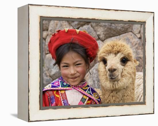 Girl in Native Dress with Baby Alpaca, Sacsayhuaman Inca Ruins, Cusco, Peru-Dennis Kirkland-Framed Premier Image Canvas