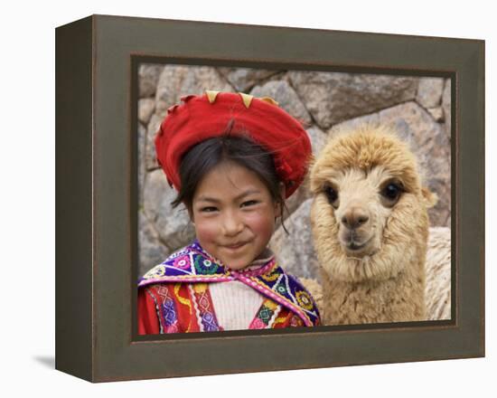 Girl in Native Dress with Baby Alpaca, Sacsayhuaman Inca Ruins, Cusco, Peru-Dennis Kirkland-Framed Premier Image Canvas