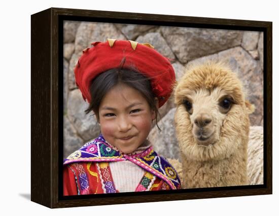 Girl in Native Dress with Baby Alpaca, Sacsayhuaman Inca Ruins, Cusco, Peru-Dennis Kirkland-Framed Premier Image Canvas