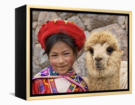 Girl in Native Dress with Baby Alpaca, Sacsayhuaman Inca Ruins, Cusco, Peru-Dennis Kirkland-Framed Premier Image Canvas