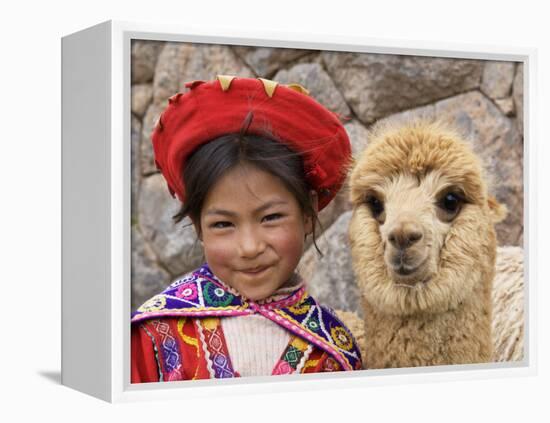 Girl in Native Dress with Baby Alpaca, Sacsayhuaman Inca Ruins, Cusco, Peru-Dennis Kirkland-Framed Premier Image Canvas