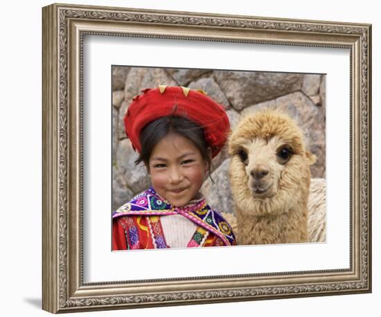 Girl in Native Dress with Baby Alpaca, Sacsayhuaman Inca Ruins, Cusco, Peru-Dennis Kirkland-Framed Photographic Print