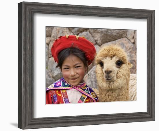 Girl in Native Dress with Baby Alpaca, Sacsayhuaman Inca Ruins, Cusco, Peru-Dennis Kirkland-Framed Photographic Print