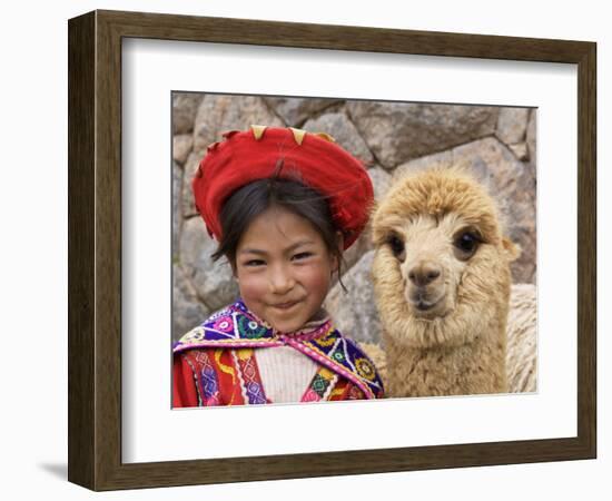 Girl in Native Dress with Baby Alpaca, Sacsayhuaman Inca Ruins, Cusco, Peru-Dennis Kirkland-Framed Photographic Print