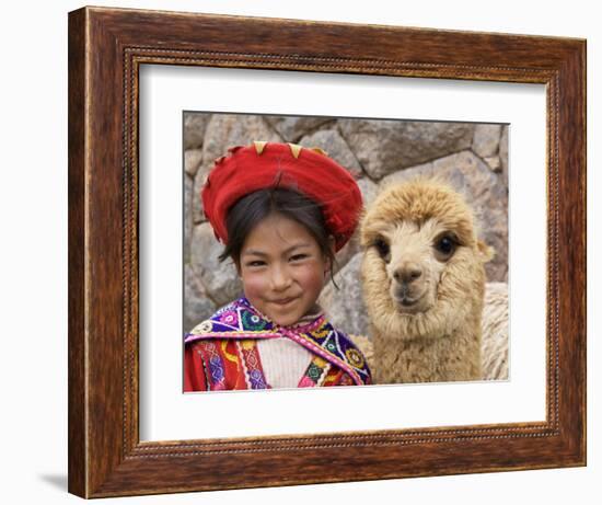 Girl in Native Dress with Baby Alpaca, Sacsayhuaman Inca Ruins, Cusco, Peru-Dennis Kirkland-Framed Photographic Print