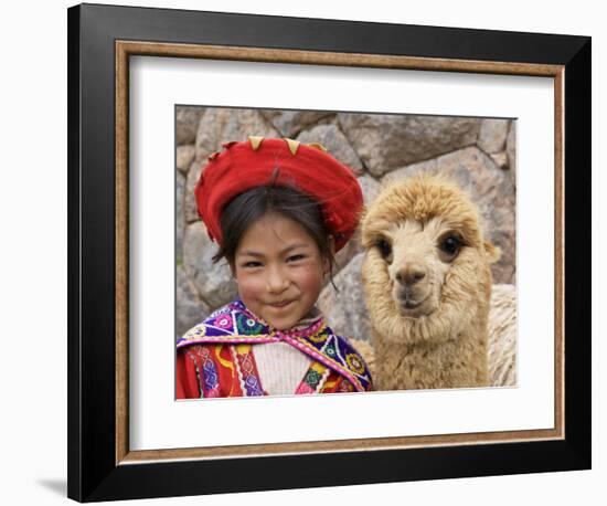 Girl in Native Dress with Baby Alpaca, Sacsayhuaman Inca Ruins, Cusco, Peru-Dennis Kirkland-Framed Photographic Print