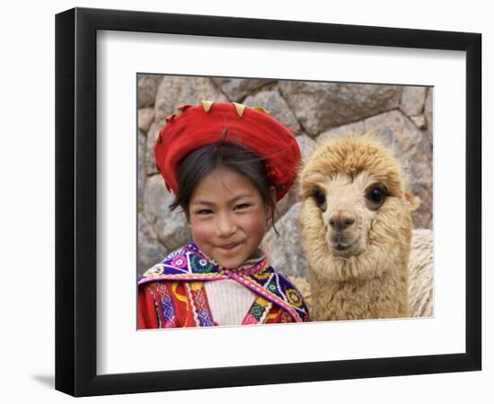 Girl in Native Dress with Baby Alpaca, Sacsayhuaman Inca Ruins, Cusco, Peru-Dennis Kirkland-Framed Photographic Print