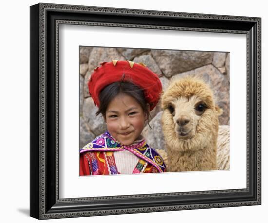 Girl in Native Dress with Baby Alpaca, Sacsayhuaman Inca Ruins, Cusco, Peru-Dennis Kirkland-Framed Photographic Print