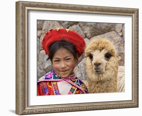 Girl in Native Dress with Baby Alpaca, Sacsayhuaman Inca Ruins, Cusco, Peru-Dennis Kirkland-Framed Photographic Print