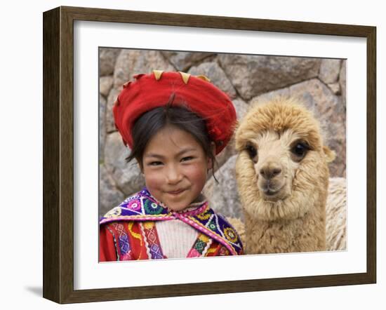 Girl in Native Dress with Baby Alpaca, Sacsayhuaman Inca Ruins, Cusco, Peru-Dennis Kirkland-Framed Photographic Print