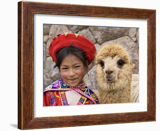 Girl in Native Dress with Baby Alpaca, Sacsayhuaman Inca Ruins, Cusco, Peru-Dennis Kirkland-Framed Photographic Print