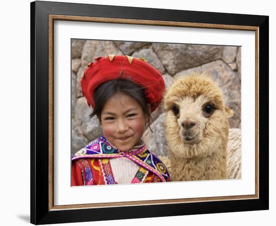 Girl in Native Dress with Baby Alpaca, Sacsayhuaman Inca Ruins, Cusco, Peru-Dennis Kirkland-Framed Photographic Print