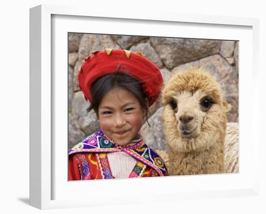 Girl in Native Dress with Baby Alpaca, Sacsayhuaman Inca Ruins, Cusco, Peru-Dennis Kirkland-Framed Photographic Print