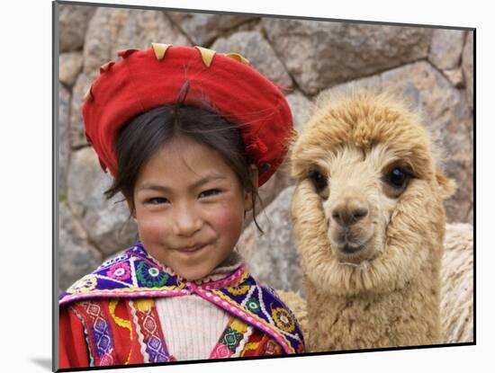 Girl in Native Dress with Baby Alpaca, Sacsayhuaman Inca Ruins, Cusco, Peru-Dennis Kirkland-Mounted Photographic Print