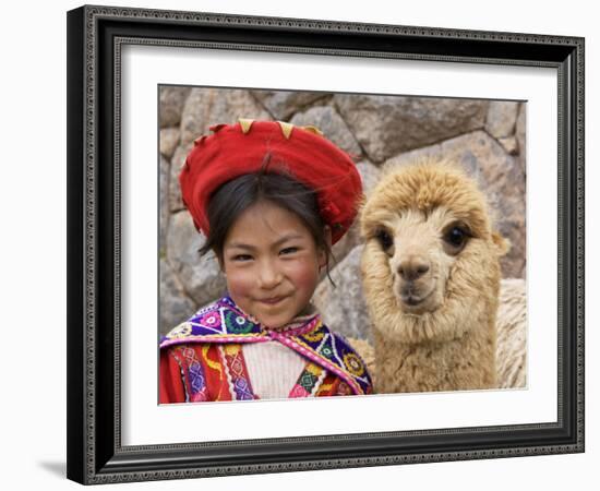 Girl in Native Dress with Baby Alpaca, Sacsayhuaman Inca Ruins, Cusco, Peru-Dennis Kirkland-Framed Photographic Print